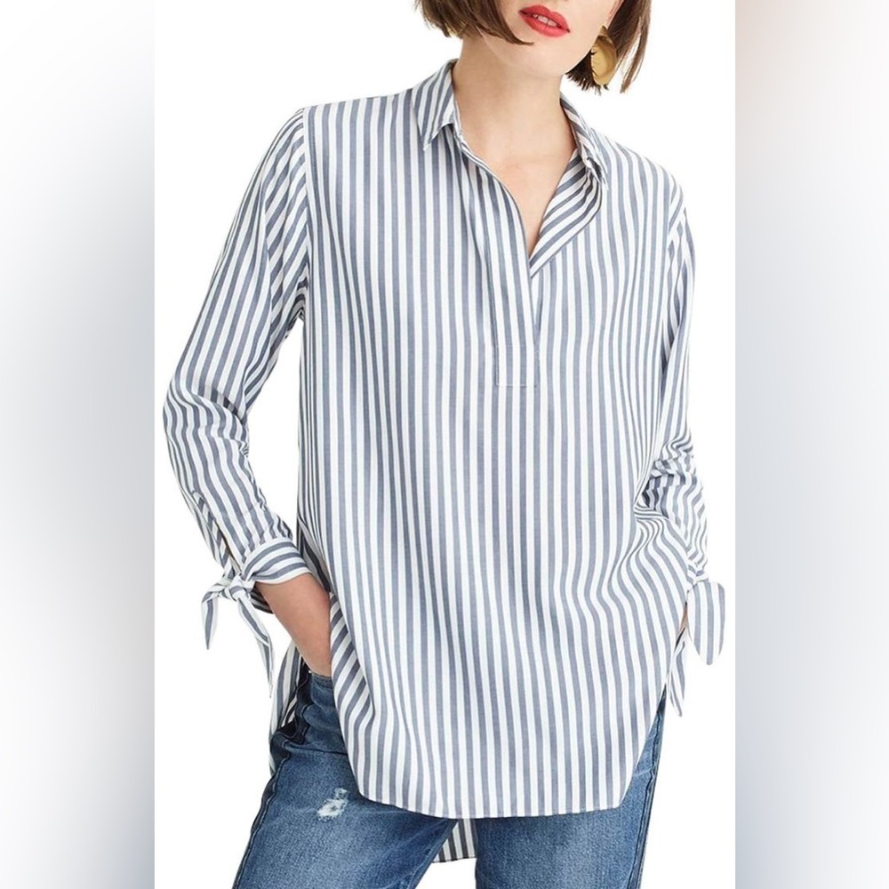 J.Crew Collared Tie-Sleeve Popover Stripe Shirt Tunic Sz Xl